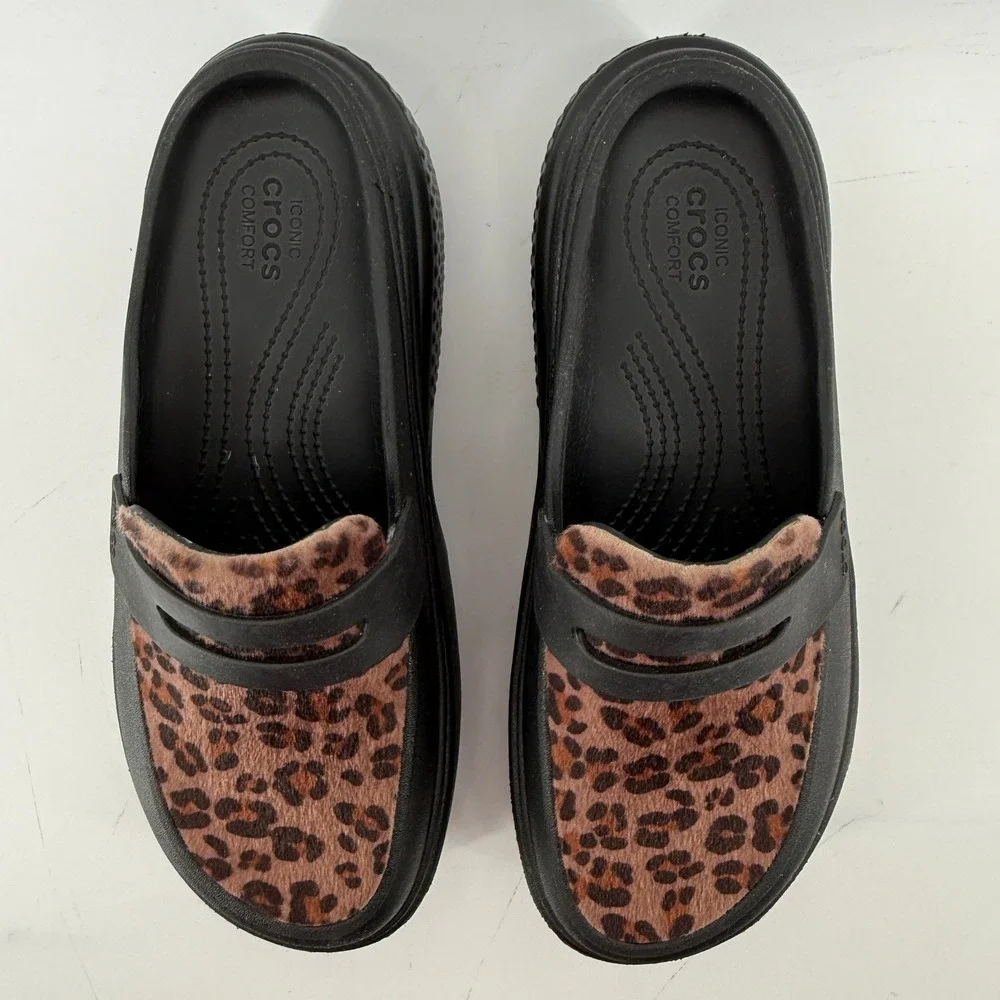 Crocs Stomp Leopard Loafer Clog Black Women 9 Platform Chunky Y2K Slip On Funky